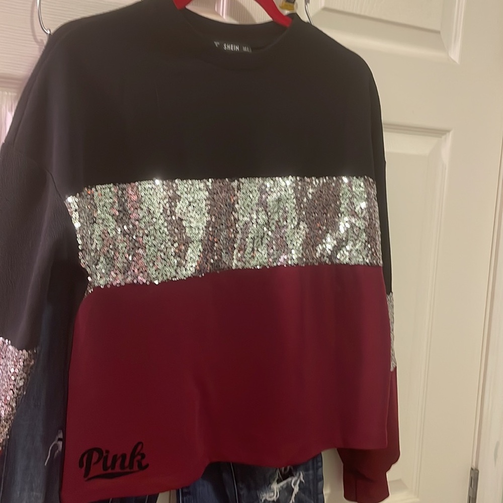 Pink UPSCALED small long sleeved maroon black silver sequins shein